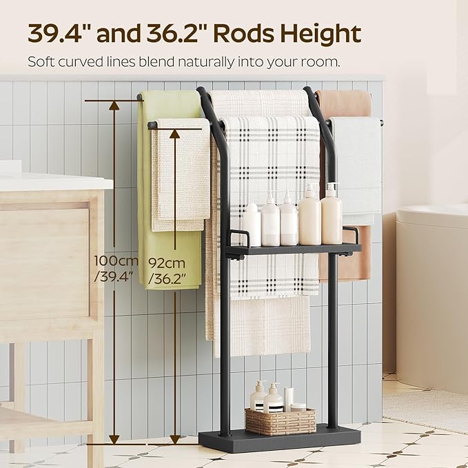 YATINEY Free Standing Towel Rack, Taller Double-T Shape Bath Sheet Holder for Bathroom, Floor Blanket Holder Stand with Weighted Base, 4-Tier Towel Storage Rack, for Living Room, Balcony, Black CJ20BB