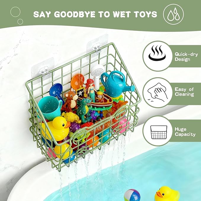 Greentainer 2 PackBath Toy Organizer, Wall Mounted Shower Storage Basket - Metal Bathtub Toy Holder with Hooks for Sorting Kids Toys, Baby Bath Accessories, Toiletries & Shampoo（Green frog）