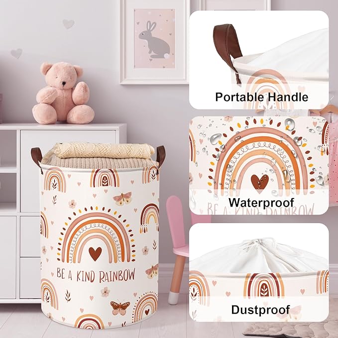 Clastyle 45L Boho Rainbow Laundry Hamper with Handle Drawstring Waterproof Butterfly Flowers Pink Laundry Basket Round Clothes Toys Heart Basket for Nursery Room