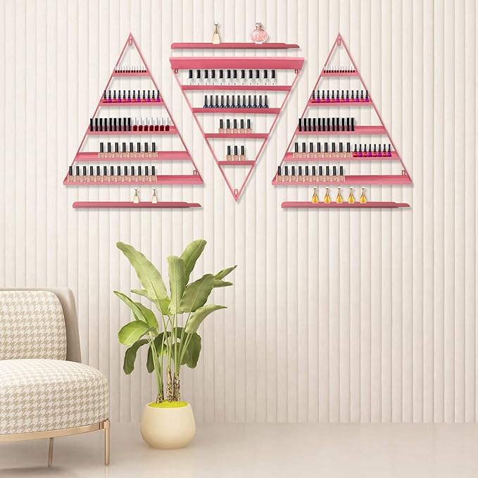 Wall-Mounted Nail Polish Rack, Set of 6 Triangular Pink Nail Polish Shelf Lipstick Perfume Cosmetic Display Shelf for Home Spa Nail Salon Shop