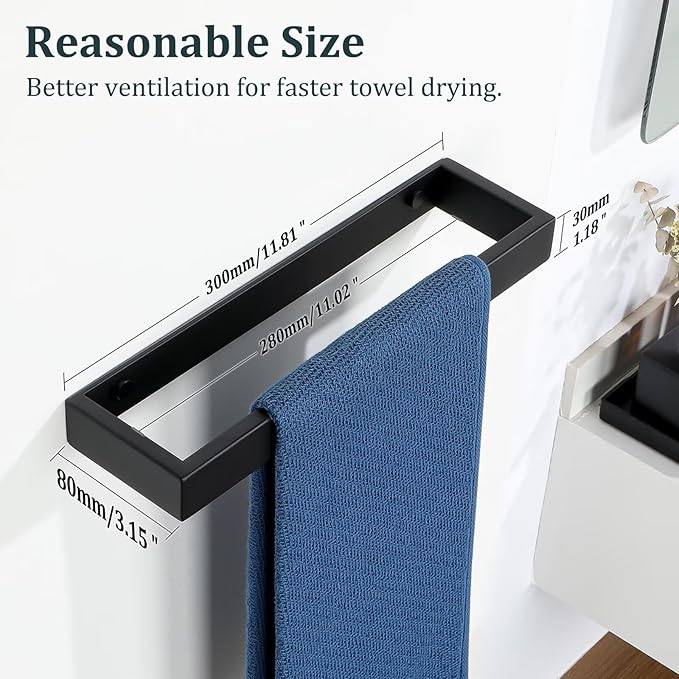 Sayayo Matte Black Towel Bar for Bathroom, 12 Inch Hand Towel Holder Wall Mount, Screw or Self Adhesive Towel Ring Square SUS304 Stainless Steel, 3.2 Inch Wide