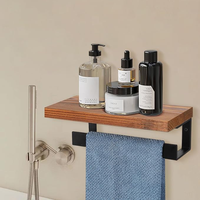 Hand Towel Holder/Towel Ring with Wooden Shelf, Hand Towel Rack, Hand Towel Hanger for Bathroom, Bath Accessories Wall Mounted, Matte Black (9"-Squ Shaped)