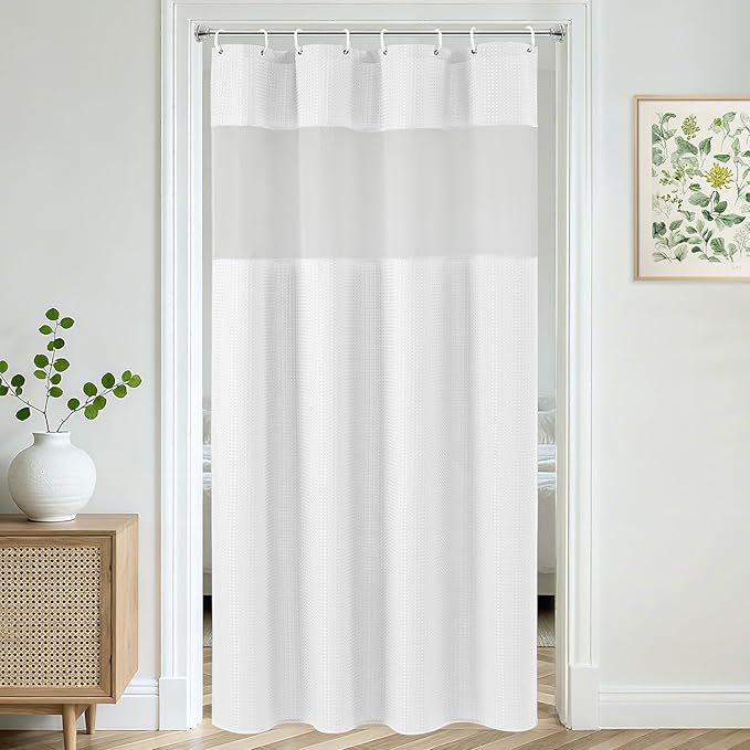UFRIDAY Shower Stall Curtain 48x72 inch White Waffle Weave,Water-Resistant Polyester Shower Curtain with Mesh Top Window, Small Bathroom Curtain for Rv Camper Trailer