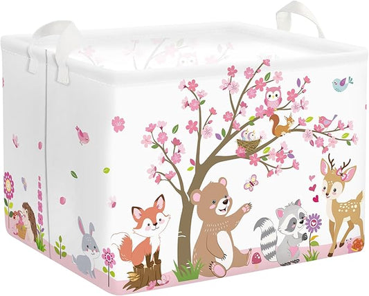 Forest Animals Laundry Hamper Woodland Tree Large Storage Basket Parents Organizer Kids Clothes Toy Bins for Bedroom, Bathroom, Pink, 36L