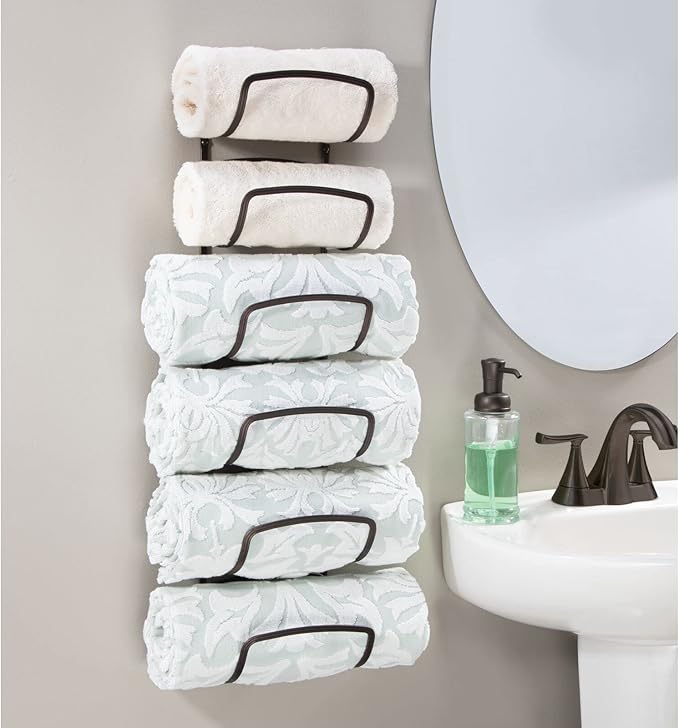 mDesign Metal Towel Shelves – Towel Rack for The Bathroom with 6 Compartments – Practical Bathroom Accessories for Both Large and Small Towels – Bronze