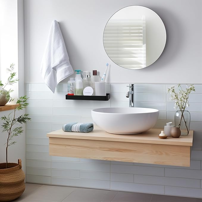 Z metnal Small Glass Bathroom Shelves, Matte Black Floating Shelf, Mini Wall Shelf Organizer, Wall Mounted (Dark Glass, 10 inch/25cm)