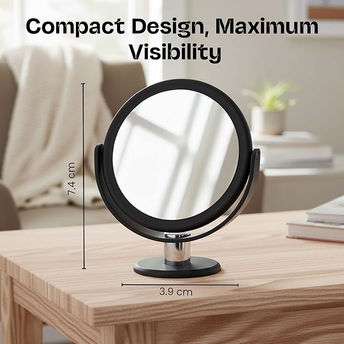 Danielle Creations Round Soft Touch Vanity Mirror Black & Silver, 1x/10x Magnification, Dual Sided Makeup Mirror, Compact Tabletop Cosmetic Mirror, 7.48 x 3.94 x 9.06 Inches