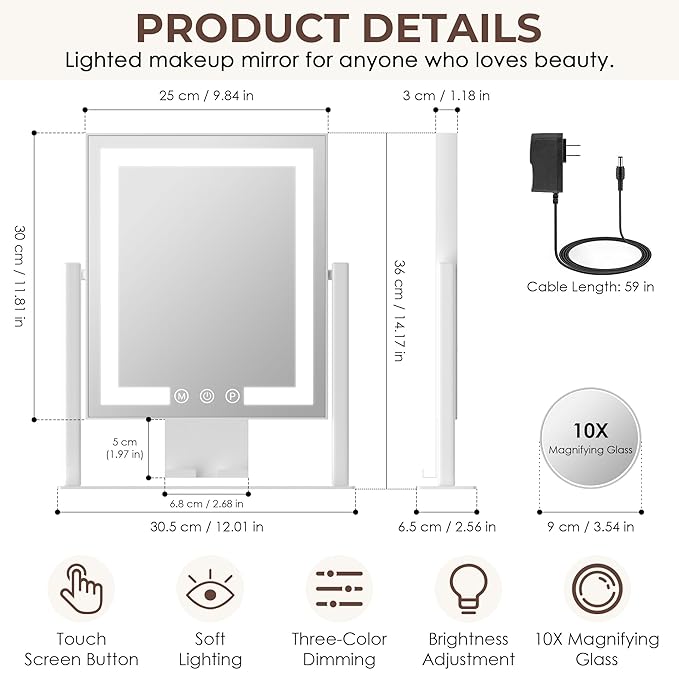 Kottova Vanity Mirror with Lights, 14" x 12" LED Makeup Mirror, Lighted Makeup Mirror with 10X Spot Mirror,Smart Touch 3 Colors Dimmable,360° Rotation, Plug in(White)