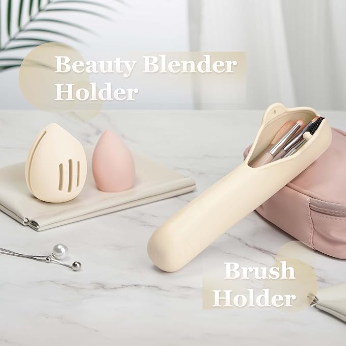 Silicone Makeup Brush and Beauty Blender Holder, Half open Snap Design, Washable Powder Puff Case For Travel Business