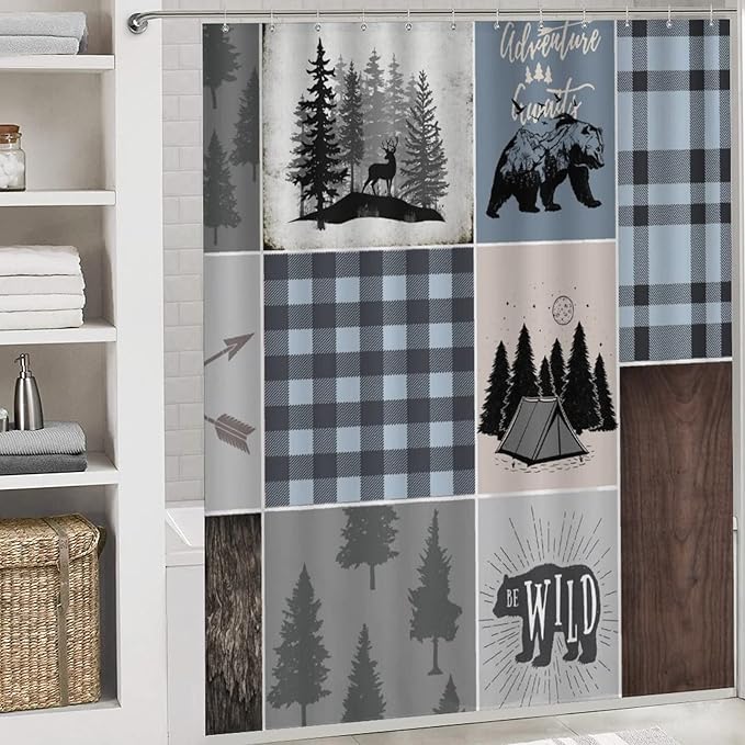 Rustic Bear Deer Shower Curtain Sets with Rugs 4 Piece Accessories Bathroom Curtains Shower Set Include Shower Curtain Non-Slip Rug Toilet Lid Cover Bath Mat One Size