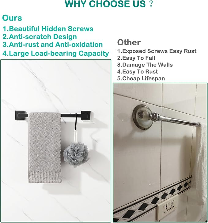 Alise Towel Bar for Bathroom,16'' Towel Holder Black Towel Racks for Bathroom Wall Mount,SUS304 Stainless Steel Towel Rail Towel Hanger for Wall,Matte Black