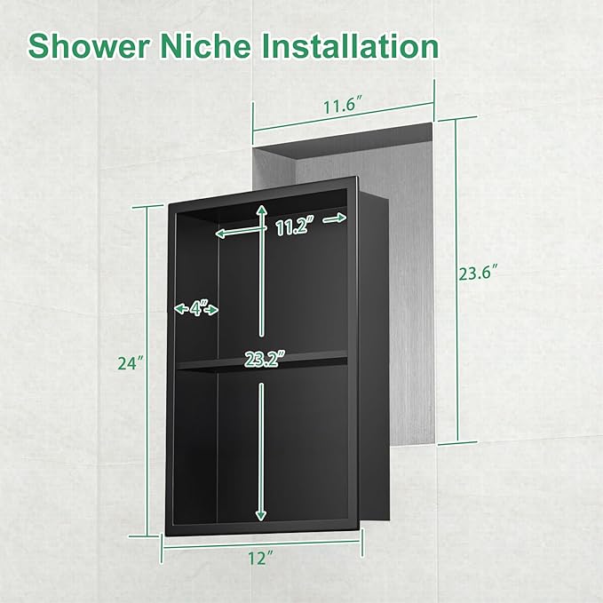 SaniteModar Shower Niche, Stainless Steel Shower Niche No Tile Needed, Recessed for Bathroom Storage (Matte Black, 12x24,Double)
