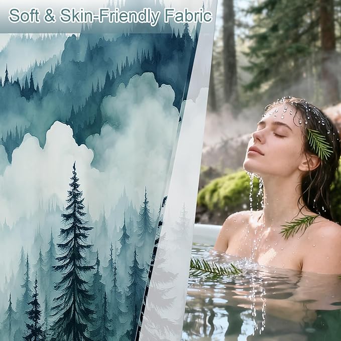 Peacock Blue Extra Long Misty Pine Forest Shower Curtain 72 x 84, XL Mountain Foggy Woodland Scenery Tree Shower Curtains for Bathroom, Abstract Waterproof Nature-Themed Decor