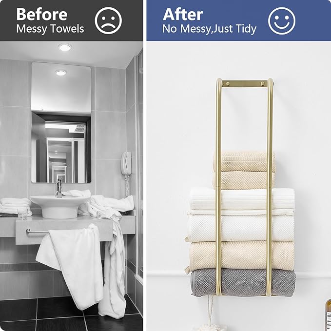 BWE Brushed Gold Towel Racks for Bathroom, Wall Mounted Towel Rack for Rolled Towels, Bathroom Towel Storage, Stainless Steel Vertical Towel Holder, Bathroom Organizer