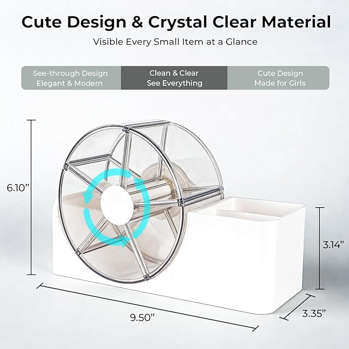 Hair Accessories Organizer with 5-Section Rotating Case | 2-Slot Comb & Hair Brush Holder | Cute Bathroom Vanity Caddy for Hair Tiles, Clips, Scrunchies, Other Accessories | Girls Vanity Décor (White)