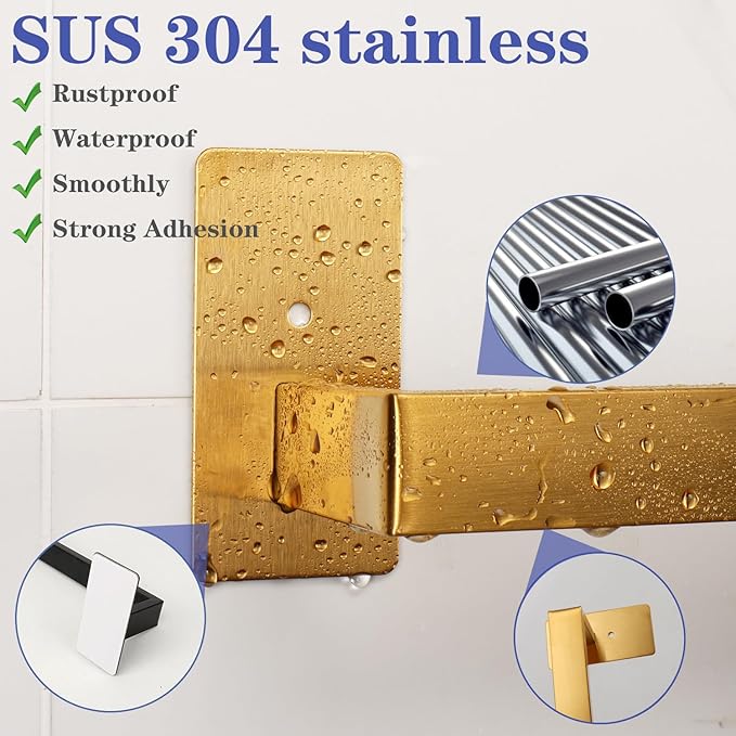 Bathroom Towel Bar Self Adhesive, No Drilling Towel Rack Easy to Install,Hand Towel Holder Made of Premium Stainless Steel Sticky on Hand Towel Hanger for Kitchen, Toilet.(16IN, Gold)