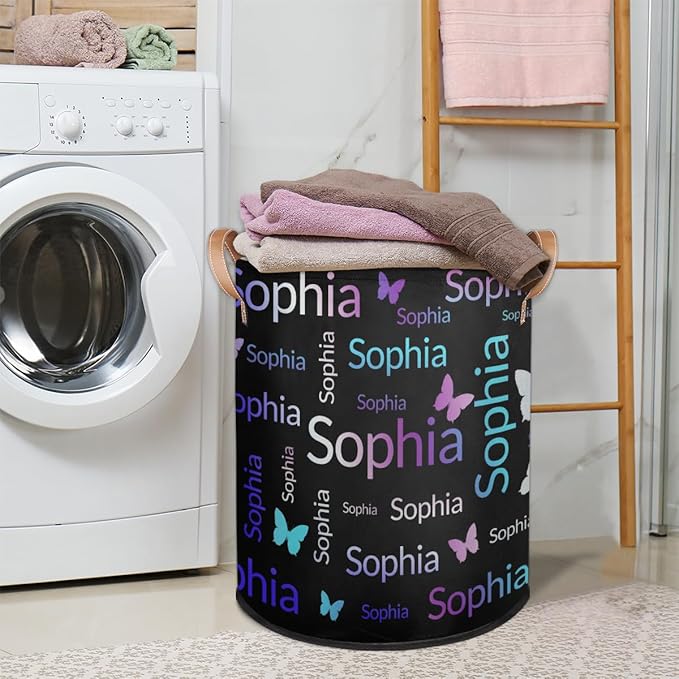 Custom Purple Pink Green Butterfly Laundry Hamper, Personalized Laundry Baskets with Handles Dirty Clothes Hamper Storage Basket