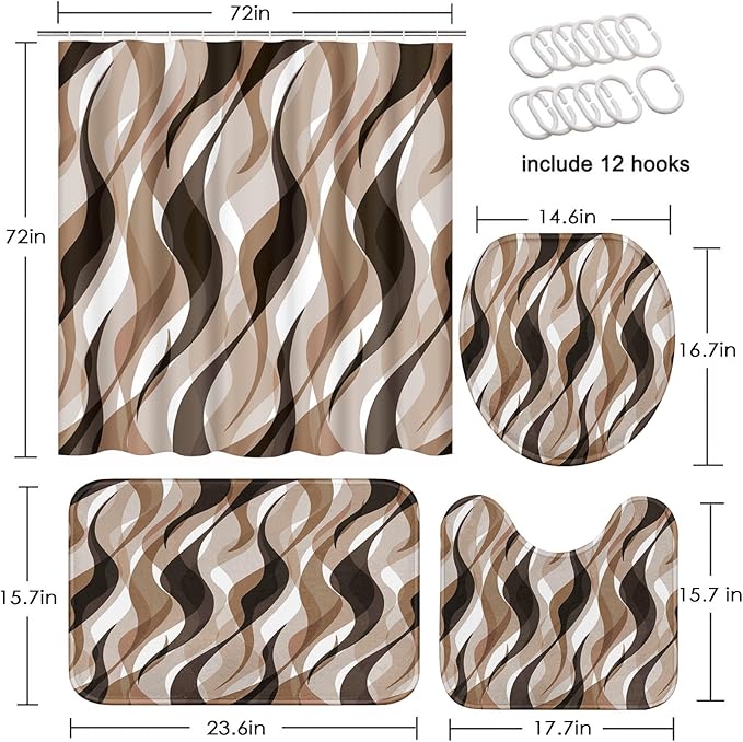 Brown Shower Curtain Set with Toilet Lid Cover and Non-Slip Rugs for Bathroom, Geometric Lines Ombre 4 Pcs Shower Curtain, Simple Abstract Modern Bathroom Set with 12 Hooks