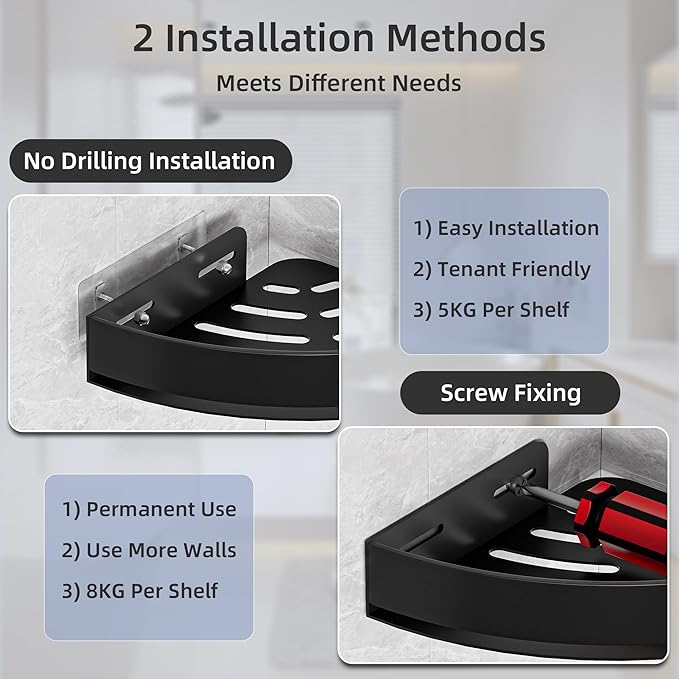 Wisfame Black Corner Shower Caddy - Rustproof Aluminium Triangle Shower Shelf - No Drill & Drill Installation - 2 Bathroom Shelves Wall Mounted (20LB Capacity/Tier)