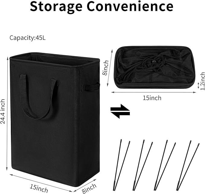 ZERO JET LAG Slim Laundry Hamper With Handles Collapsible Laundry Basket Thin Dirty Clothes Basket Narrow Laundry Bag Foldable Dirty Clothes Hamper 45L (24 inches,Black)