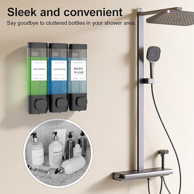 Shampoo and Conditioner Dispenser – Wall-Mounted Shower Soap Dispenser, No-Drill Installation, Lockable, 900 ml Capacity,for Bathroom & Hotel or Airbnb (Black, 3-Pack)