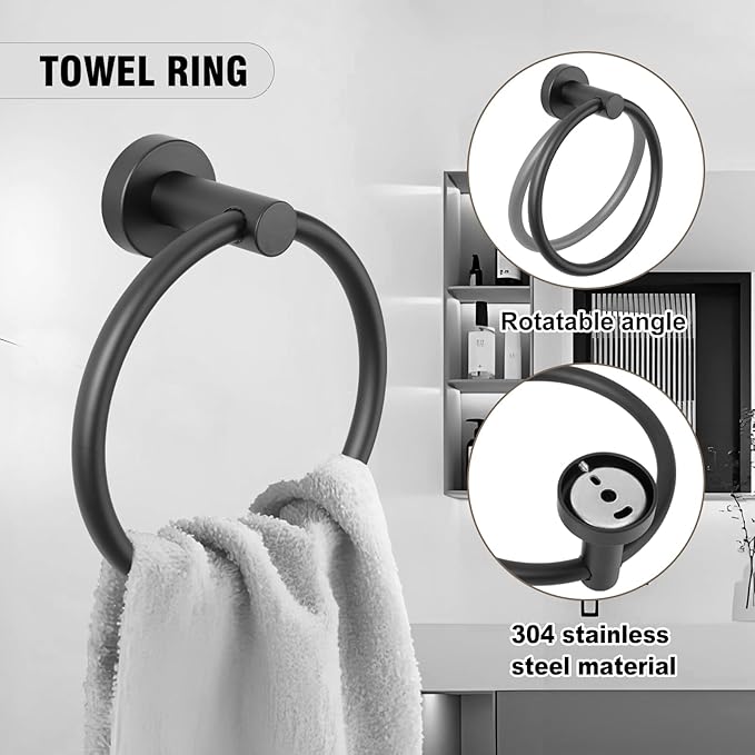 5-Piece Towel Racks for Bathroom, Stainless Steel Bathroom Accessories Set, Bathroom Towel Holder Wall Mounted, Sturdy Bath Towel Bar Set Bathroom Hardware Set (Matte Black, 2 Pillar Paper Holder)