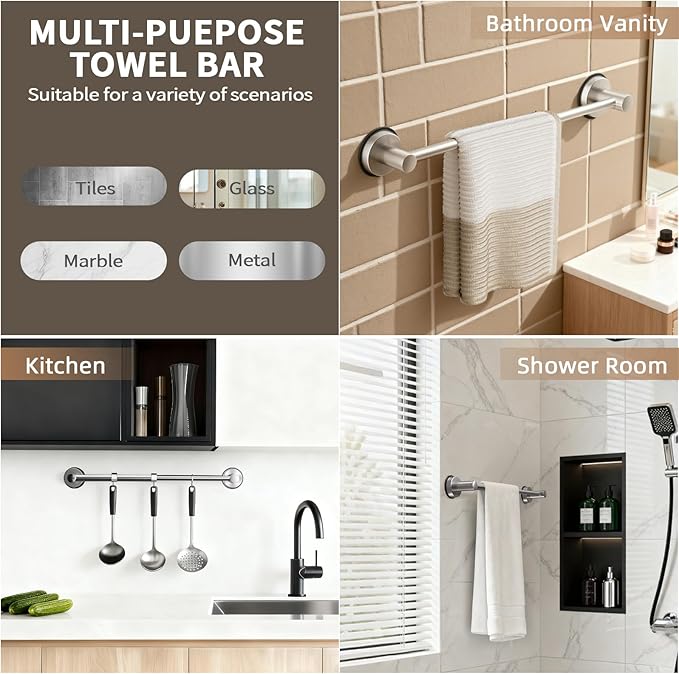 Adjustable Suction Cup Towel Bar for Bathroom Wall,14.6Inch~24 Inch Towel Racks for Bathroom, SUS304 Stainless Steel Bathroom Towel Holder,Bathroom Accessories Brushed Nickel Towel Rack (2pcs Silver)