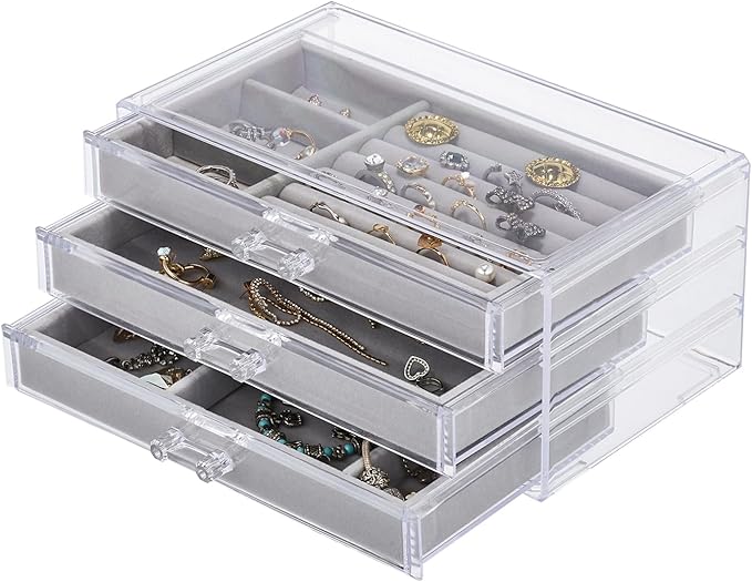 DOZZZ Acrylic Jewelry Organizer Box with 3 Drawers, Clear Earring Storage Display Case Holder with Adjustable Velvet Trays for Rings Necklace Bracelet Women