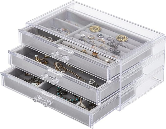 DOZZZ Acrylic Jewelry Organizer Box with 3 Drawers, Clear Earring Storage Display Case Holder with Adjustable Velvet Trays for Rings Necklace Bracelet Women