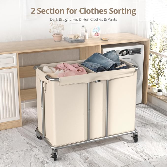 Hodonas 230L Rolling Laundry Hamper, 2-Section Laundry Basket with Wheels, 61 Gallons Laundry Sorter with Metal Structure and Removable Liner, Clothes Hamper for Laundry Room, Bathroom, Bedroom, Beige
