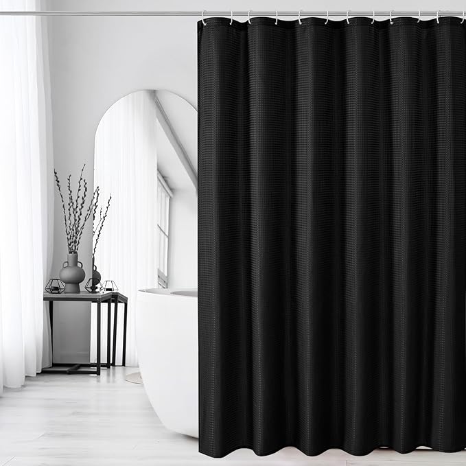 Gibelle Small Stall Shower Curtain 36 x 72, Narrow Half Waffle Weave Textured Fabric Shower Curtain for Bathroom, Water Repellent, Machine Washable, Black