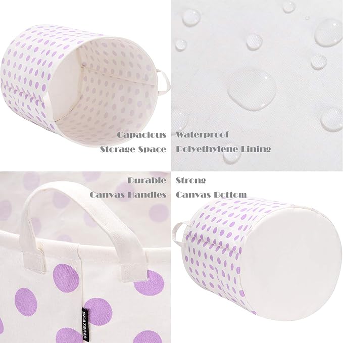 Sea Team 19.7 Inches Large Sized Waterproof Coating Ramie Cotton Fabric Folding Laundry Hamper Bucket Cylindric Burlap Canvas Storage Basket with Stylish Polka Dot Design (19.7", Purple)