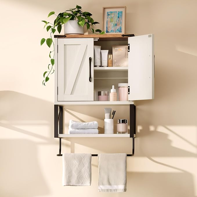 VINGLI Bathroom Wall Cabinet with Towel Bar, Farmhouse Small Medicine Cabinet Wall Mounted, Rustic Wood Over The Toilet Storage Cabinet with Adjustable Shelf for Restroom Kitchen, Vintage White/Brown