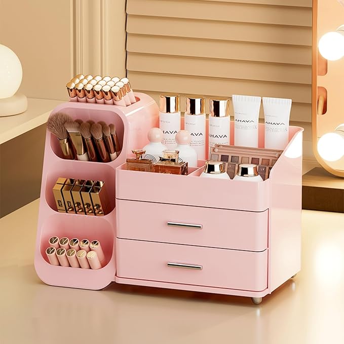 Makeup Organizer for Vanity, Large Capacity Cosmetic Display Case with Drawers, Countertop Beauty Storage Holder for Skincare, Brush Eyeliner Perfume Eyeshadow Lipsticks, Counter Desk, Pink