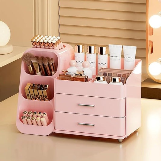 Makeup Organizer for Vanity, Large Capacity Cosmetic Display Case with Drawers, Countertop Beauty Storage Holder for Skincare, Brush Eyeliner Perfume Eyeshadow Lipsticks, Counter Desk, Pink