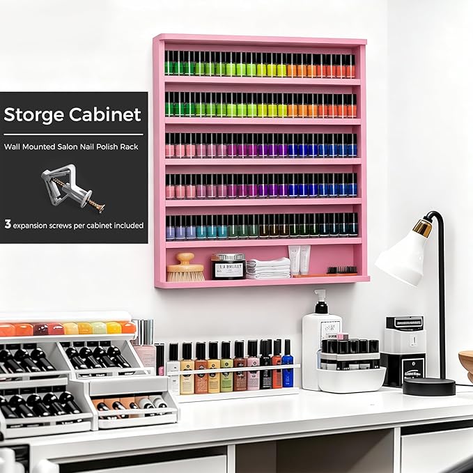 Kikihouse Wood Nail Polish Rack 2 Packs, Wall Mount Nail Polish Organizer, 6 Layers Nail Salon Storage Display Shelves Perfume Essential Oil Bottles Holder w/Acrylic Baffle, Pink