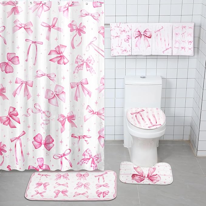FuWeave 8 Pcs Pink Bow Shower Curtain Sets for Bathroom Decor Cute Coquette Bathroom Accessories Bow Knot Aesthetic Girly Shower Curtain Sets with Towels Carpet Bath Mat Toilet Rugs and 12 Hooks