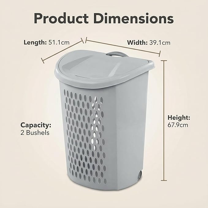 2 Bushel Rolling Laundry Hamper with Lid & Wheels - Light Gray Plastic Laundry Basket, Ventilation Design, Easy Move for Bedroom Bathroom Laundry Room (1 Pack）