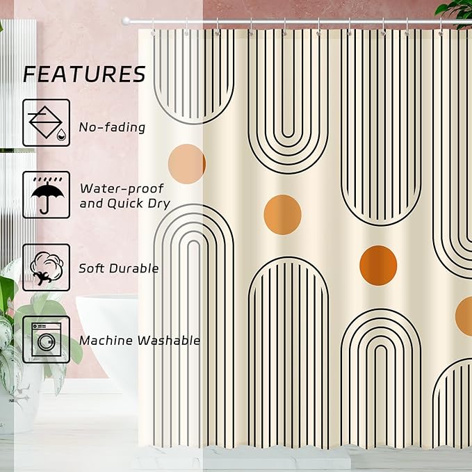 Boho Mid Century Shower Curtain Set, Modern Minimalist Arch Lines Sun Abstract Aesthetics Bathroom Decor, Waterproof Fabric Beige Bohemian Bath Curtain with 12 Hooks 72x72 inches