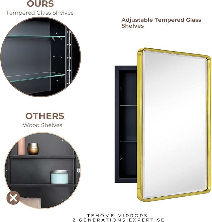 TEHOME Surface Mount 16x24 Brushed Gold Bathroom Medicine Cabinet with Mirror Gold Metal Framed Rounded Rectangle Medicine Cabinet with Beveled Mirror