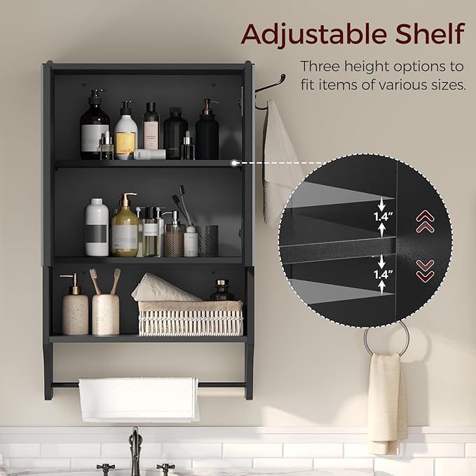 MAHANCRIS Bathroom Wall Cabinet with Mirror, Medicine Cabinet with 2 Door and Adjustable Shelf, Wall Mounted Over The Toilet Storage Cabinet with Towel Bar for Bathroom Laundry Room Kitchen, Black