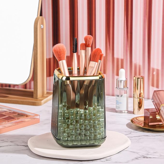 Gold Clear Makeup Brush Holder, Vintage Cosmetic Beauty Organizers Cup for Vanity, Lip Pencil Holder Vintage Lipstick Holder - Green