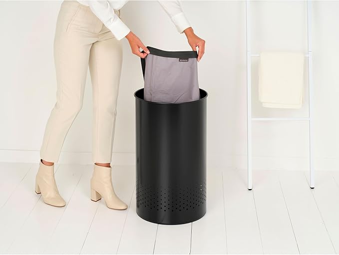 Brabantia Laundry Basket with Lid | 16 Gal Washing Hamper with Removable Cotton Bag & Quick-Drop Opening | Space-Saving Laundry Hamper | Matt Black