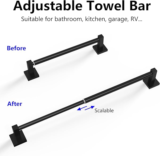 Towel Bar, Adjustable 12.7inch to 23.2inch Wall Mounted Towel Rack for Bathroom, Kitchen, SUS 304 Stainless Steel Towel Rod with Square Base (Matte Black)