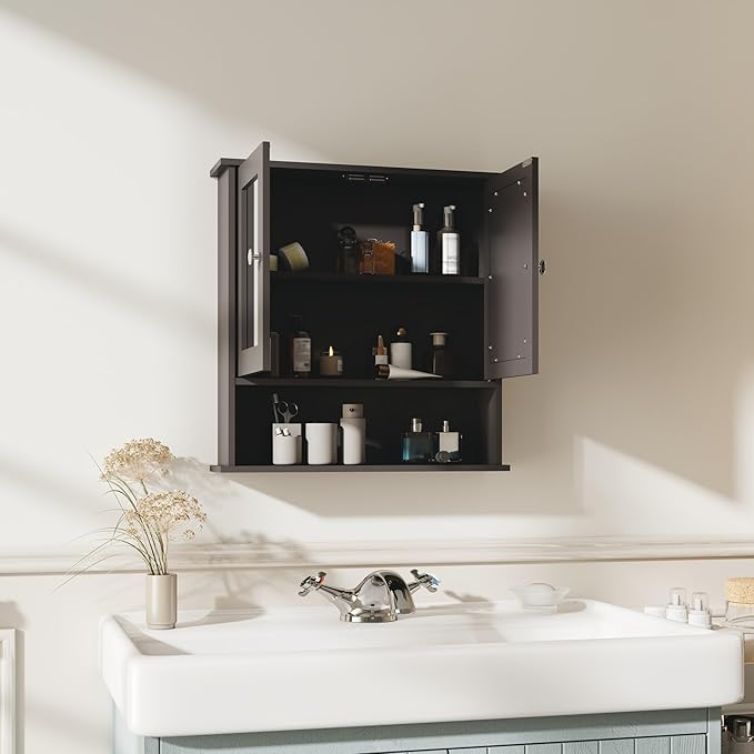 Panana Wall Mounted Bathroom Cabinet Wall Cabinet with 2 Mirrored Doors and Open Compartment, Inner Adjustable Shelf, 22" x 5.1" x 22.8" (Black)