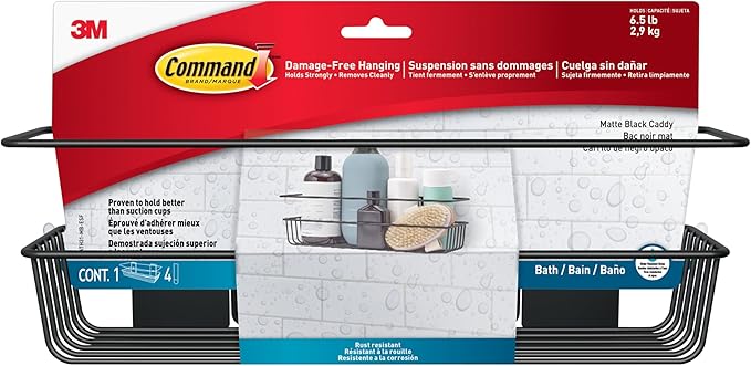 Command Shower Caddy Matte Black with Water Resistant Strips, Bathroom Organizer, Holds up to 6.5 lbs