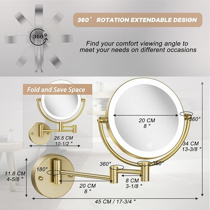 Lighted Makeup Mirror 10x Magnification Wall Mount, Hard Wired Double Sides 3 Color Lighting Touch Dimming, 360 Swivel Extended Arm Shaving Mirror for Bathroom, Satin Brushed Gold