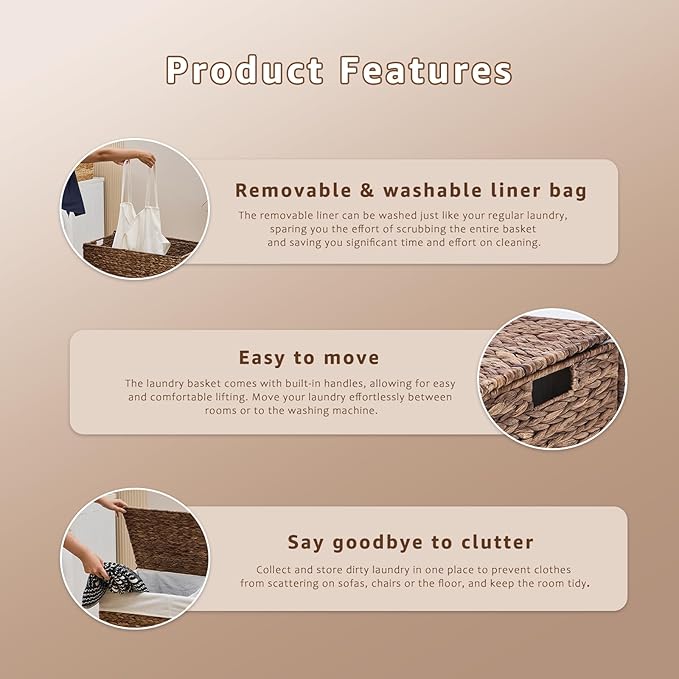 Handwoven Laundry Hamper with Lid, Natural Hyacinth Heightened Feet Laundry Basket, Wicker Clothes Hamper with Removable Liner Bag (Espresso-A, 65L)