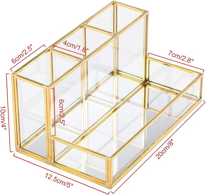 Makeup Brush Holder, Handcrafted Clear Glass Cosmetic Brushes Organizer Nordic Style Elegant Pen Pencil Holder Decoration Make up Brushes Holder with 4 Compartment for Vanity Bathroom Bedroom Office