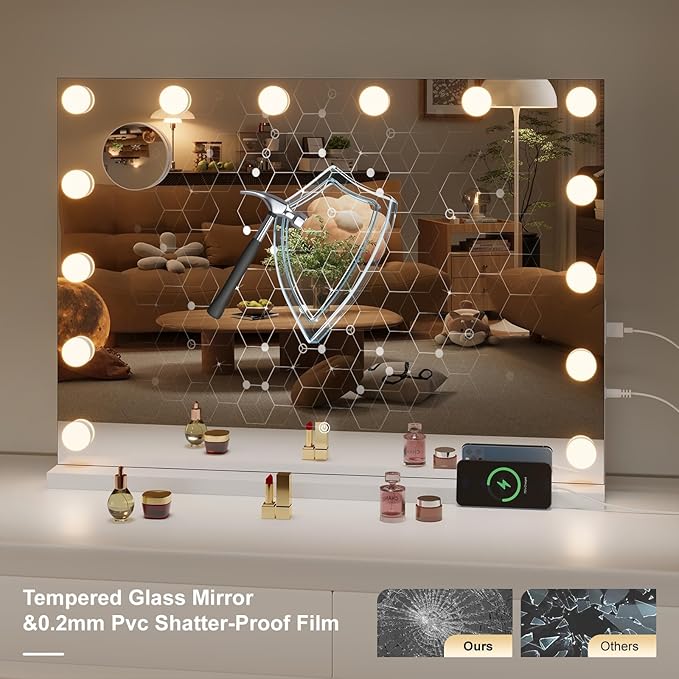 Hasipu Hollywood Vanity Mirror with Lights, 32" x 22" Makeup Mirror with 15 Dimmable LED Bulbs 3 Color Modes & Detachable, 5X Magnifying Glass, Touch Control, USB and Type-C, Tempered Glass